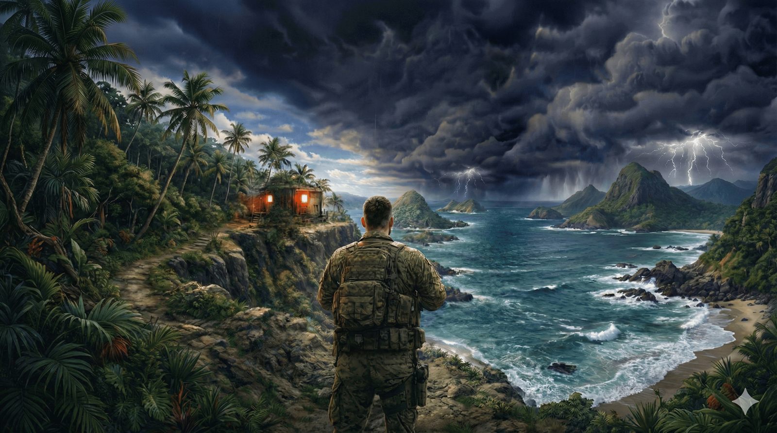 Soldado observando a ilha de Dinosilence diante de uma tempestade