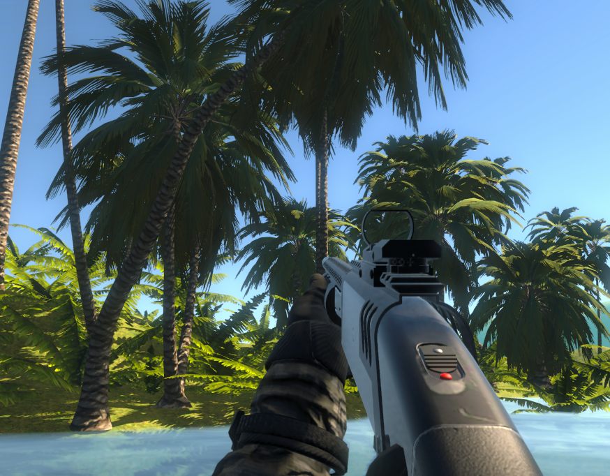 Jogador apontando a shotgun para a vegetação em uma área alagada