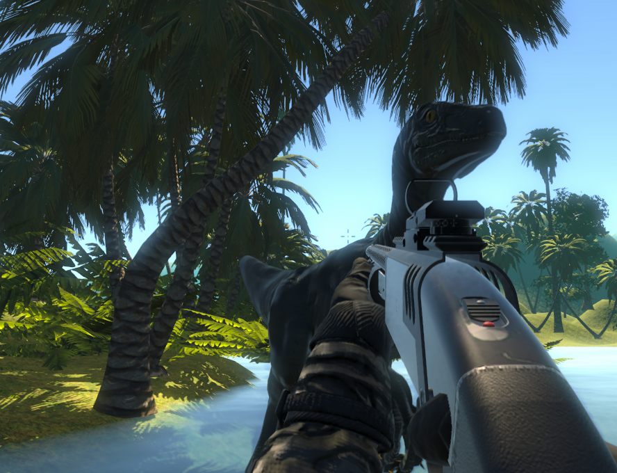 Jogador enfrentando um velociraptor com uma shotgun